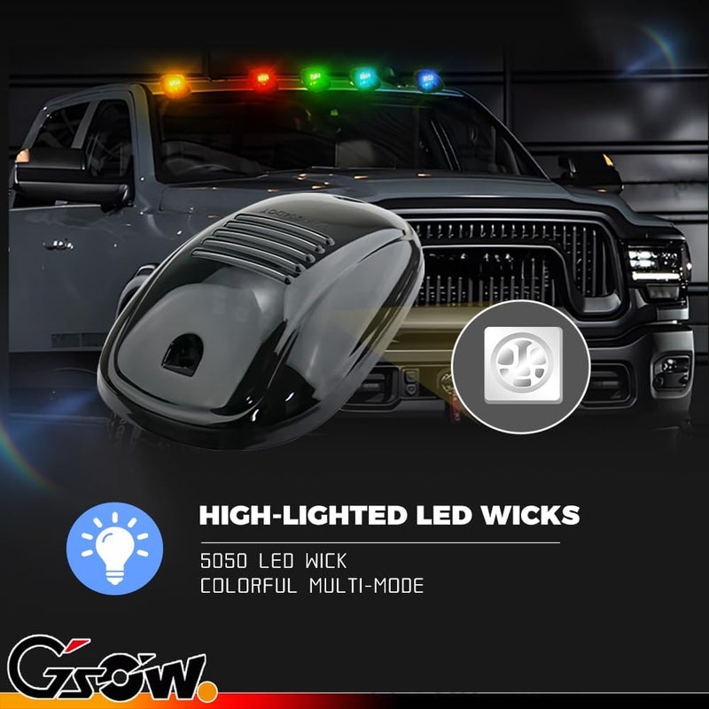 GSOWO 5 PCS RGB LED Cab Lights Smoked Cab Roof Running Top Marker Light for Dodge Ram 1500 2500 3500 4500 5500 2003-2018 Pickup Trucks, Waterproof LED Cab Roof Lights for Trucks, 16 LED - Image 2